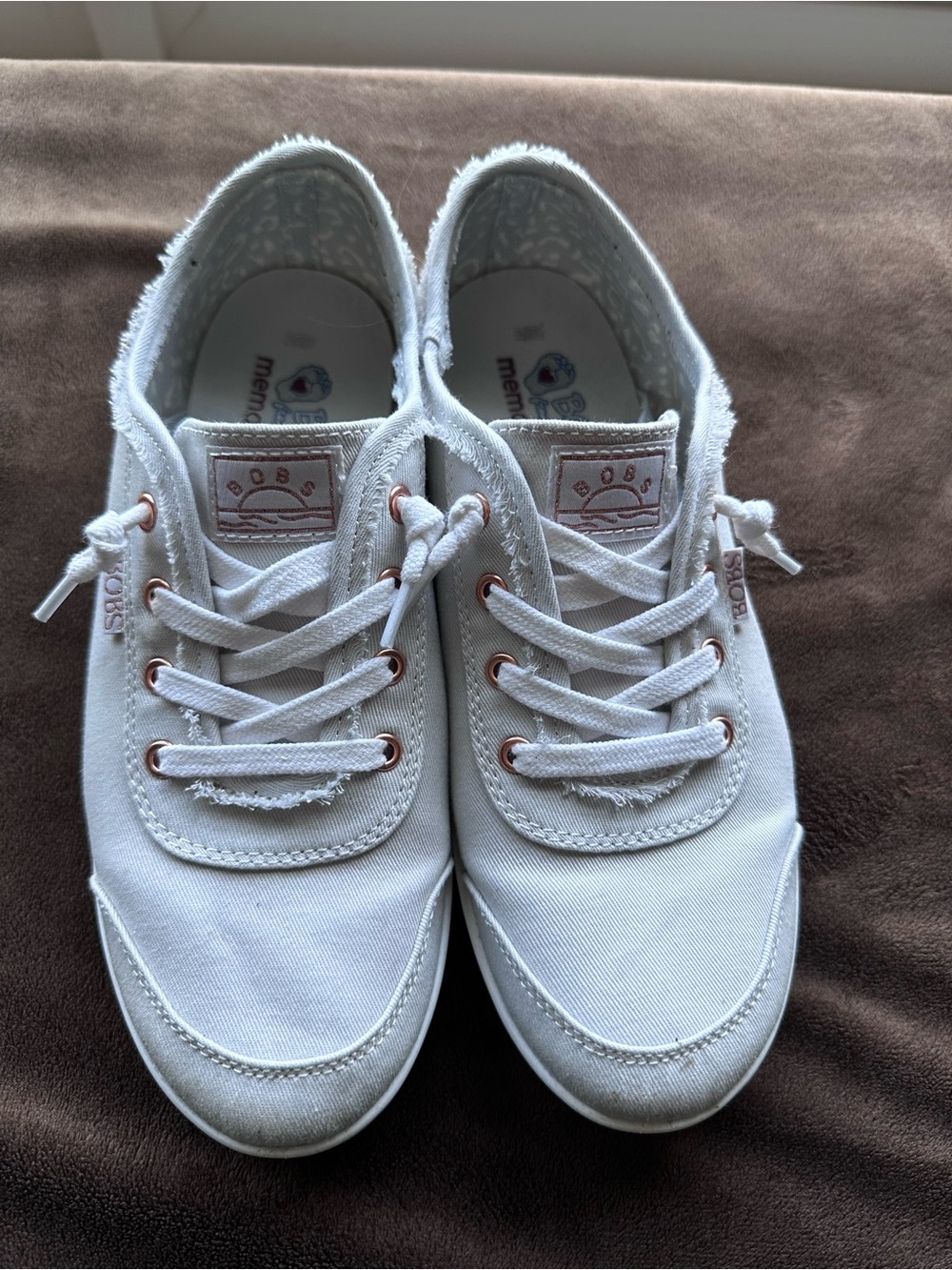 BOBS from Skechers light gray canvas slip-on sneakers with rose gold eyelets